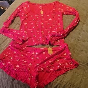 SKIMS Hot Pink Long Sleeve Scoop Neck Top & Ruffle Shorts Pajama Set